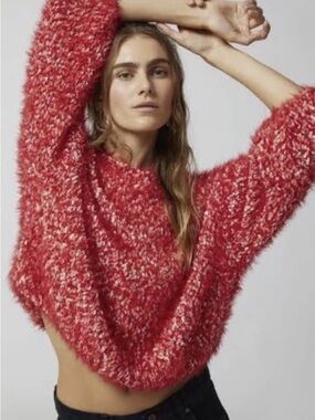 Urban Outfitters Red & Cream Fuzzy Crewneck Sweater